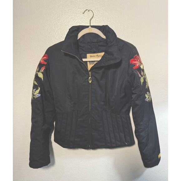 Obermeyer Winter Elegance 1947 Ski Jacket -black Floral Embroidered Sz 4 - Picture 1 of 7